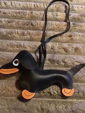 Black Dachshund leather bag charm with Orange Accents